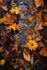 Wall Mural - fallen autumn leaves on a bed of wildflowers, created with generative ai