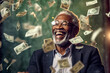 © Lubo Ivanko - Winning a lottery concept. Smiling older African man, with happy expression, mouth open in excitement - money banknotes flying in air around. Generative AI