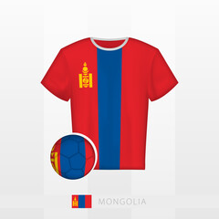 Wall Mural - Football uniform of national team of Mongolia with football ball with flag of Mongolia. Soccer jersey and soccerball with flag.