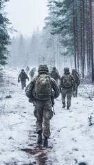 Group of infantry soldiers in uniforms, walking over snow covered landscape, forest near, view from behind. Military conflict or war in cold weather or arctic region concept. Generative AI