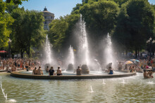 People Refreshing In Fountain Water Hot Summer
