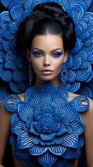 Wall Mural - a woman with blue makeup and large blue flower. Generative AI Art.