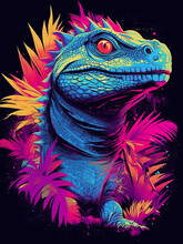 Cybernetic Art Of Iguana In Vivid Colours. Design For T-shirts, Posters, Stickers, And More. Generative Ai