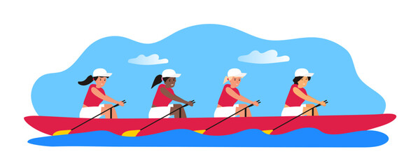 rowing boat women team sport competition vector illustration