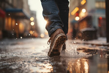 Close-up Image Of Winter Footwear Navigating A Snowy City Street. Detailed View Showing The Shoes, Snowfall And Forming Puddles, Illustrating Typical Winter Weather Conditions