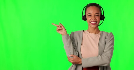 Sticker - Young woman, call center and point by green screen, face and smile for choice, review and mockup space. Telemarketing agent, customer support or female consultant with arms crossed in studio portrait