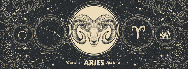 Wall Mural - Aries zodiac sign, modern mystical astrology banner with black background of universe, constellation, symbols of alchemy and astronomy. Vintage vector horoscope card.