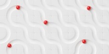 Multiple Red Balls Or Spheres In White Curvy Maze Or Labyrinth, Business Strategy Or Problem Solving Or Strategy Solution Concept, Flat Lay Top View From Above