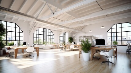 Loft style open space office in a modern urban building. Wooden floor and ceiling with beams, large tables with chairs, desktop computers, plants in floor pots, panoramic windows with city view.