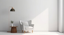 Living Room Interior Wall Mockup With Light Beige Armchair, Coffee Table And Green Plant Branch In Vase On Empty White Wall Background. Generative Ai