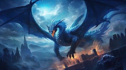 Wall Mural - A background of a raging dragon with a blue backdrop, generated by ai