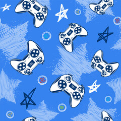 Abstract seamless pattern with gamepads on endless grunge stars background in blue colors. Gaming repeat print. Gamer cover illustration for sport textile, fashion clothes, wrapping paper.