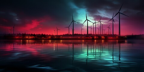 Landscape with wind turbines. Green energy concept, wind turbine silhouettes. Renewable energy, clean electricity production. Eco-friendly wind energy.