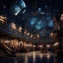 A Massive Library With A Ceiling Made Of The Night Sky, Complete With Stars And Moon.