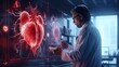 Doctor heart cardiologist specialist surgeon using computer anatomy display screen technology artificial intelligence assistance AI, operation simulation augmented reality medical healthcare tech