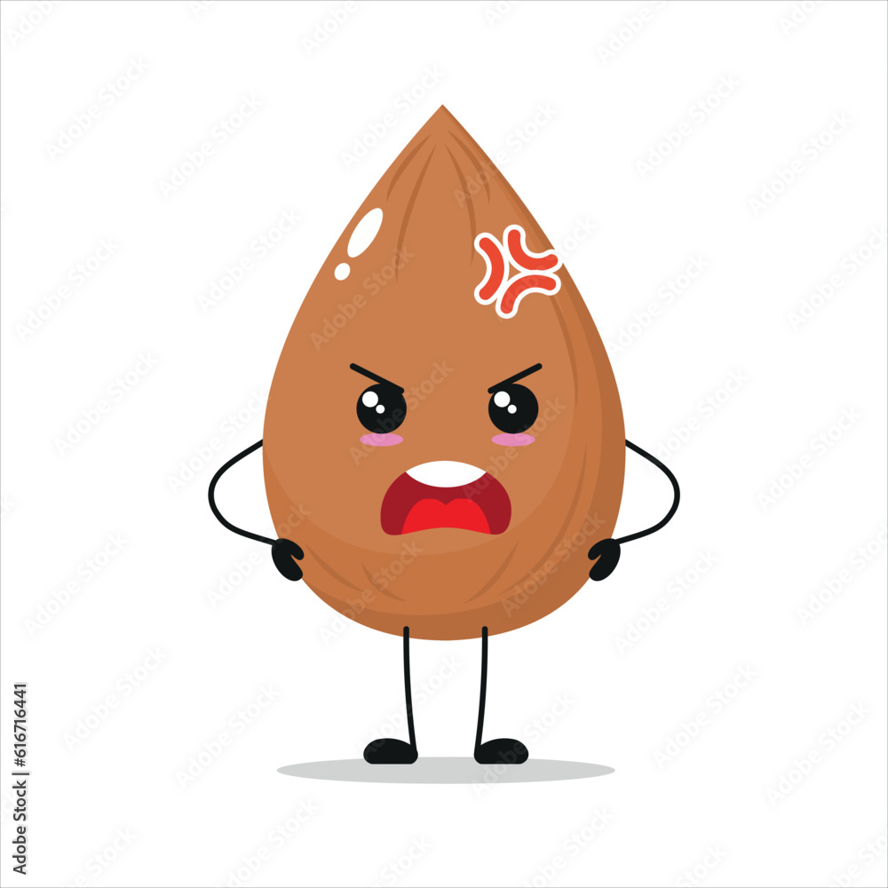 Cute angry almond character. Funny furious almond cartoon emoticon in ...