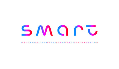 Technology science font, digital cyber alphabet made space future design, Latin lowercase bold letters A-Z and Arab numerals 0, 1, 2, 3, 4, 5, 6, 7, 8, 9 modern style, vector illustration 10EPS