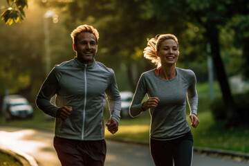 Wall Mural - Active couple running together in city park. Male and female athletes running at street. Active lifestyle. Created with Generative AI