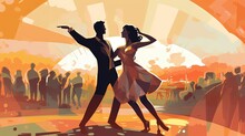Art Illustration Of Couple Perform Dancing At Ballroom Banquet Party, Generative Ai
