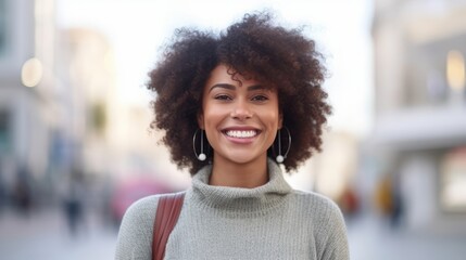 Wall Mural - African woman smiling at the camera outdoors. Close-up portrait of a cheerful handsome african american woman in the city. Middle aged delighted woman standing in a city.  AI Generated