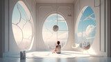 a child sits at the window of an Art Nouveau apartment and looks out onto the street, a science-fiction environment

