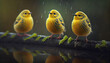 Еwo little yellow birds in the rain. Forest landscape blured background Ai generated image