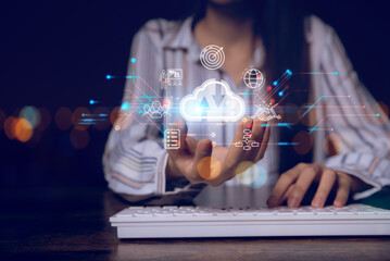 Aufkleber - Big data analytics and business intelligence concept with chart and graph icons on a digital screen interface and a businesswoman in background