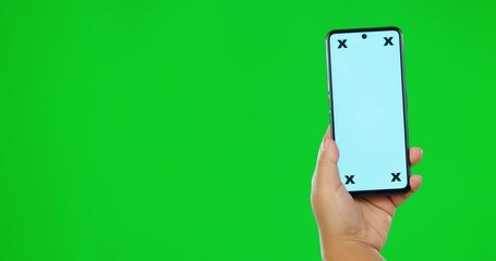 Sticker - Hand, phone and green screen for marketing, app or advertising an announcement, promotion or logo on studi background. Hands, smartphone and chroma key for information, technology or branding mockup