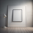 © Beste stock - Modern Art Gallery with Empty Poster Frame Mockup, 3D Render and Contemporary Exhibits
