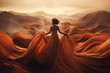 © eshana_blue - Pretty black woman in a remote desert landscape with mountains, dressed in a long flowing dress with texture that harmonise with the surroundings. Generative ai.