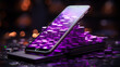 Dark purple 3D smartphone with paid subscriptions or micro transaction concept