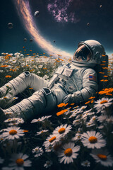 Astronaut in a space suit lying in a flower field with daisies, generative AI