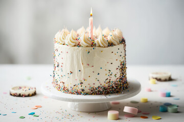 Wall Mural - White birthday cake with sprinkles and golden decorations, minimalistic scandinavian style, generative AI