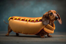 Dachshund In A Hot Dog Costume For Halloween Outside On The Sidewalk, Generative AI