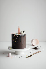 Wall Mural - Small chocolate cake wih sprinkles and candles, minimalistic scandinavian style, generative AI