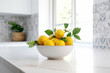 Bowl of lemons in a bright and white kitchen on a countertop, cleanliness and freshness concept, generative AI