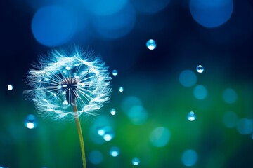 dew drop on dandelion seed macro close up sparkling bokeh blue green background, generative ai