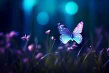 Night Butterfly In Blue And Purple Tones, Macro Artistic Dream Image, Generative AI