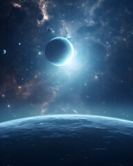 Wall Mural - Sci-Fi Landscape with planets, stars and nebula. Exploration and expedition of the universe. Generative AI