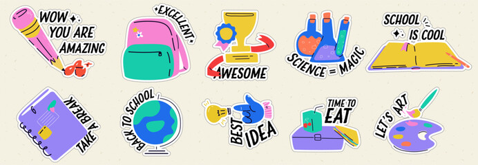 A set of modern back-to-school-themed stickers. Motivational phrases for the diary. Bright, contemporary illustration. Pack of trendy vectors. 