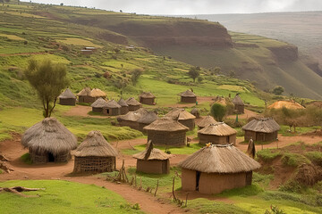 Village in the african savannah. Generative AI