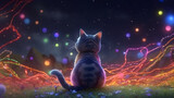 Fototapeta Dziecięca - Galactic Feline Whiskers An Enchanting Display of a Star Chaser Cat, Captivatingly Gazing Upwards at a Fantastical, Multi-Colored Sky, Realized by the Wonders of Generative AI