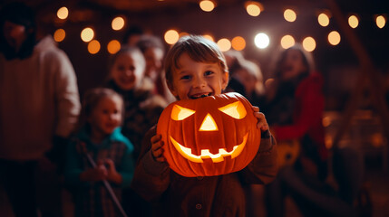 Wall Mural - Boy have fun holding Hallòoween pumpkin, night party lights background