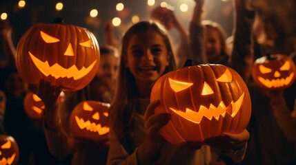 Wall Mural - Children have fun holding Hallòoween pumpkin, night party lights background