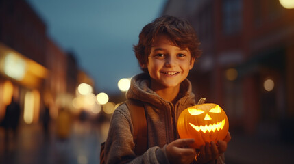 Wall Mural - Boy have fun holding Hallòoween pumpkin, night party lights background