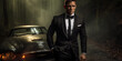 canvas print picture - Mann im Smoking Anzug im Stil von James Bond und einem Auto im Hintergrund, ai generativ