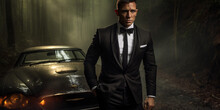 Mann Im Smoking Anzug Im Stil Von James Bond Und Einem Auto Im Hintergrund, Ai Generativ