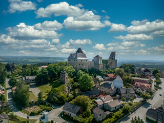 Poster - Aerial view of Lipnice nad Sázavou Castle in Czechia built in late Gothic and Renaissance style, rectangular Samson tower keep serves as observation deck