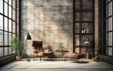 Conceptual Illustration of an Industrial Brick and Wood Living Room Interior Design. Loft Apartment in New York Style, Modern and Minimalistic. Generative AI.