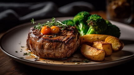 A plate of tender and juicy grilled steak with a side of roasted potatoes and sautéed vegetables